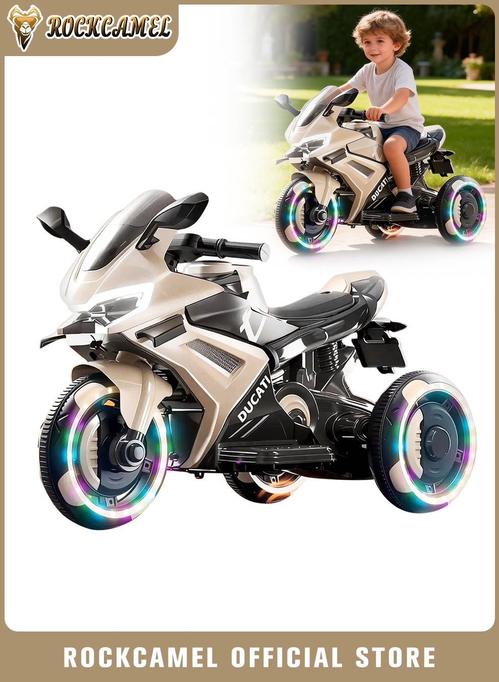 Kids Electric Motorcycle, 6V7A Ride On Motorbike Toy, LED Headlights, Music, Foot Pedal & Flashing Wheels, 3-Wheel Design, Ride on Toy Gift for Kids, Brown